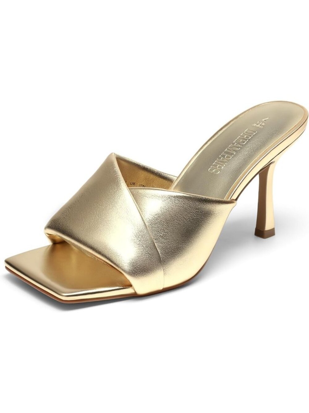 Women's Gold Slip On Soft Comfort Mule Heels Square Toe Stiletto Mule Sandals